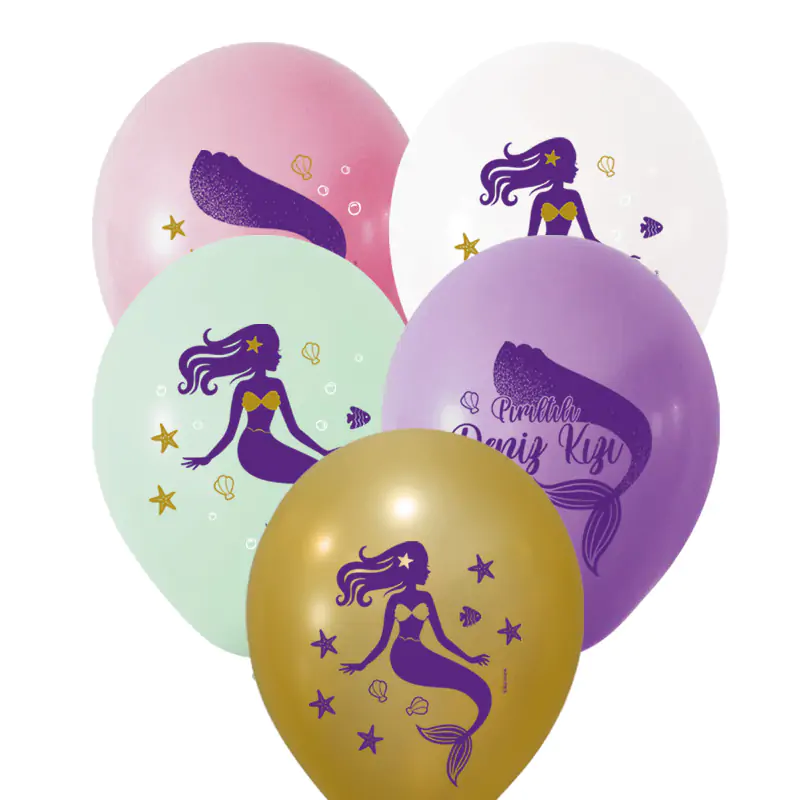 3+1 Pırıltılı Deniz Kızı Baskılı 12” Pastel Balon 100'lü